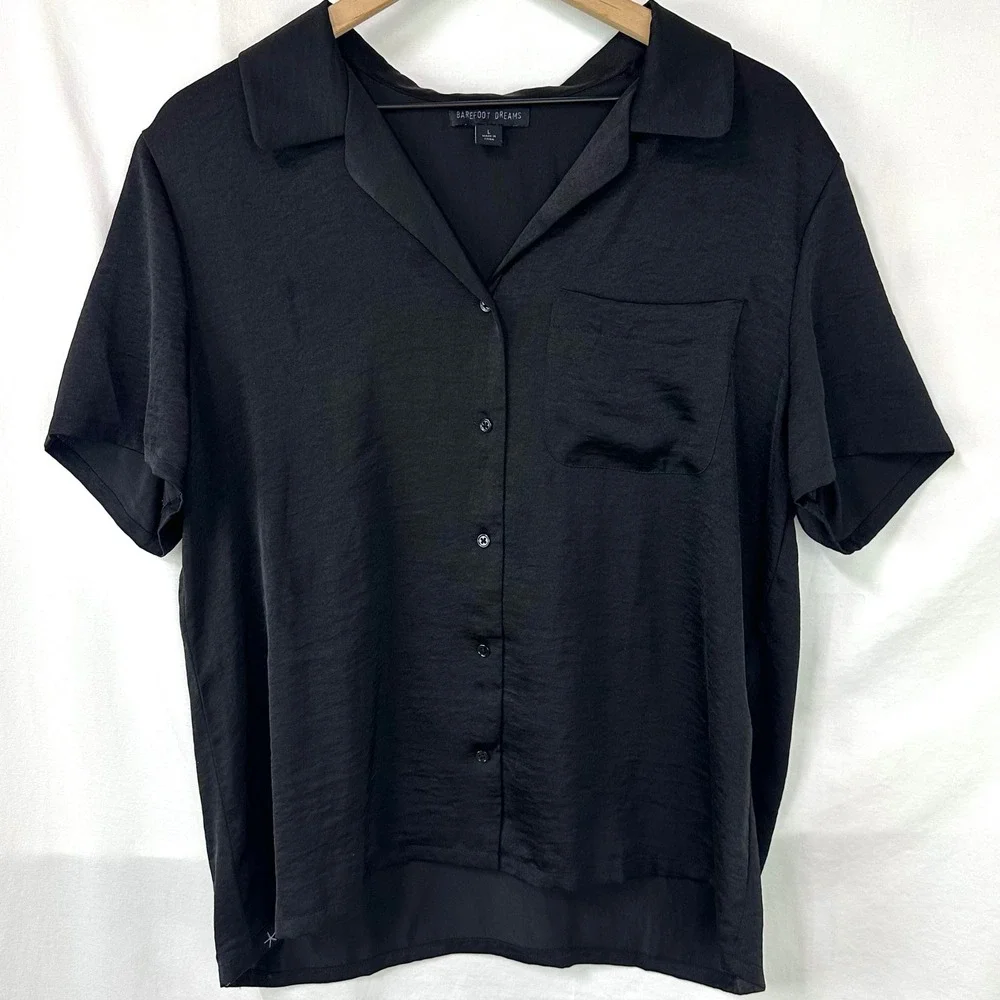 BAREFOOT DREAMS Black Washed Satin PJ Pajama Set Cropped Shirt Shorts Women's L